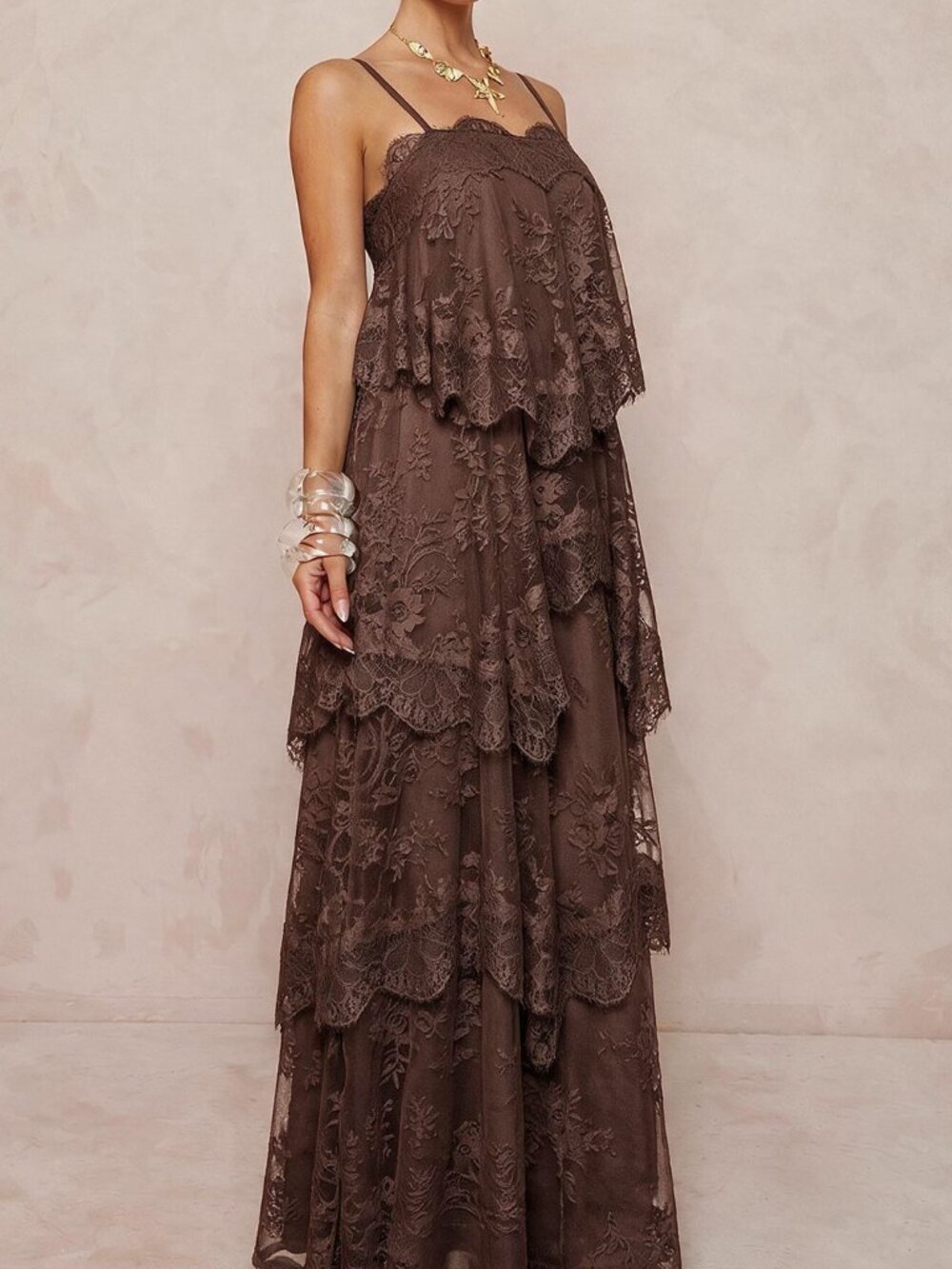 Brown Party Women's Chiffon Ruched Contrast Lace Tiered Maxi Dress - Picture 5 of 5
